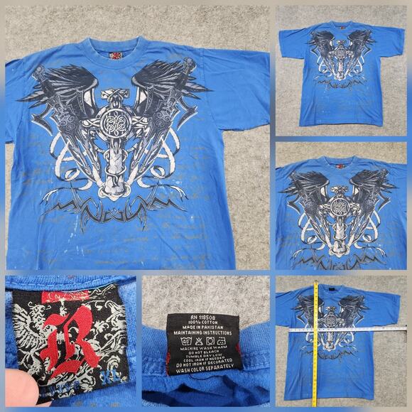 VTG Y2K "Affliction Style" Cross Wings Streetwear Mens XL Blue Graphic T Shirt - Picture 1 of 16